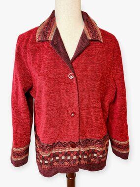 Vintage Y2K Coldwater Creek Red Chenille Tapestry Jacket Size Medium